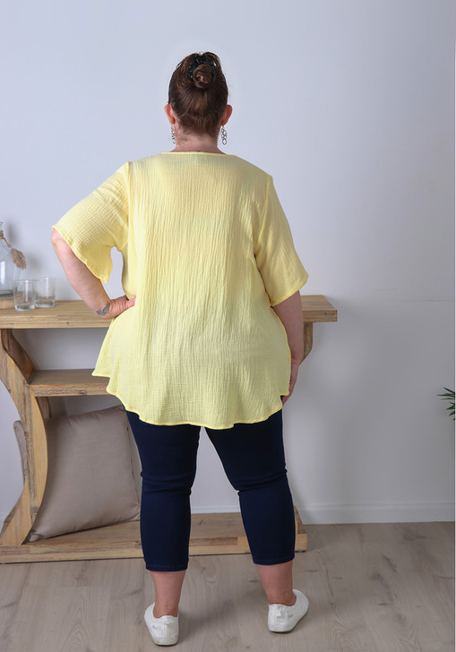 Plus Size Textured Cotton V Neck Top In Butter Yellow