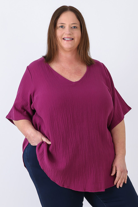 Textured Cotton V Neck Top In Purple