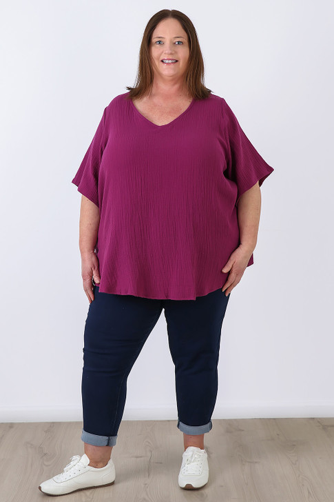 plus size Textured Cotton V Neck Top In Purple 