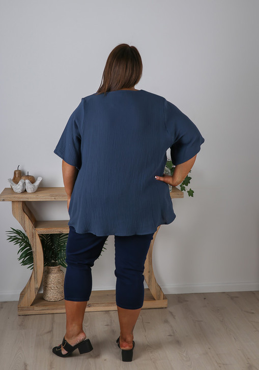 Plus Size Textured Cotton V Neck Top In Navy