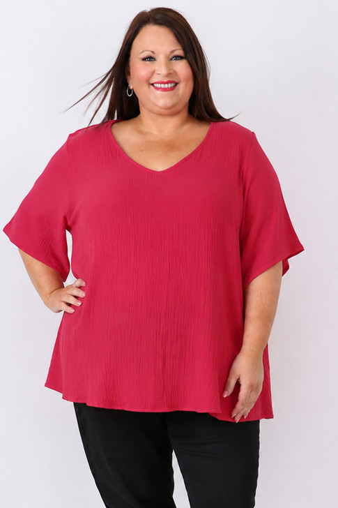 Textured Cotton V Neck Top In Cerise