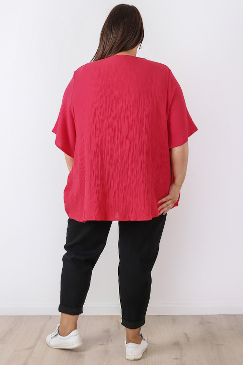 Textured Cotton V Neck Top In Cerise