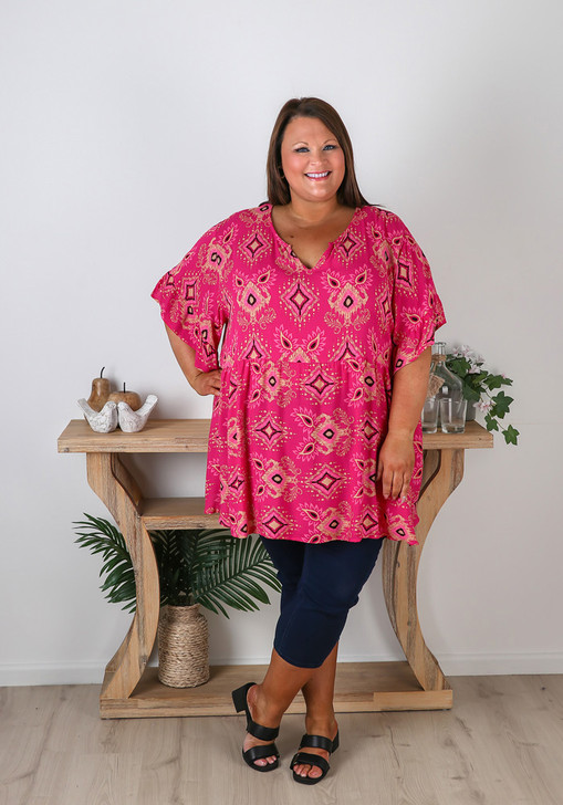 Plus Size Casual Tribal Pink Tunic