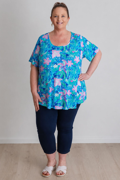 Plus Size Stretch Round Neck Top In Pops Of Pink