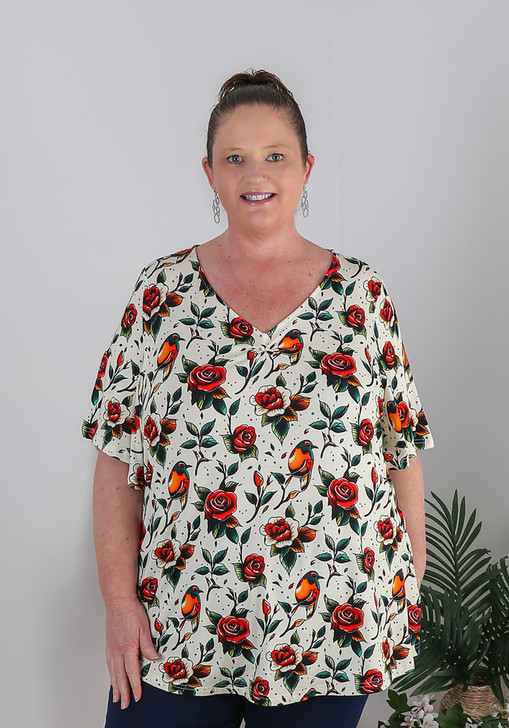 Pinched V Neck Top In Rose Tattoo 