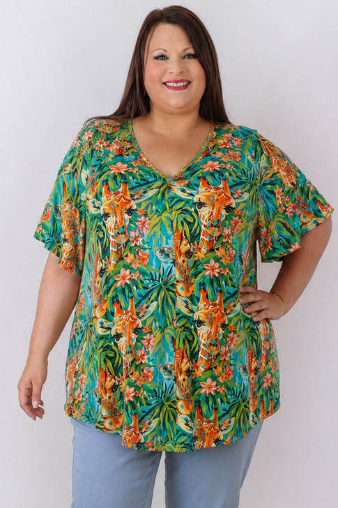 Pinched V Neck Top In Cheeky Giraffes