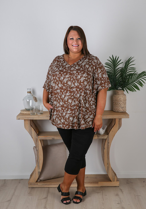 Plus Size V Neck Top In Spiced Roses Curvaceous