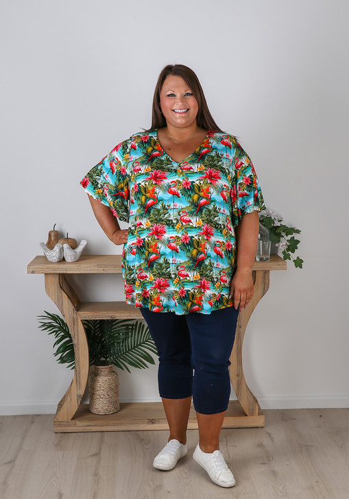 Plus Size Pinched V Neck Top In Flamingo Print