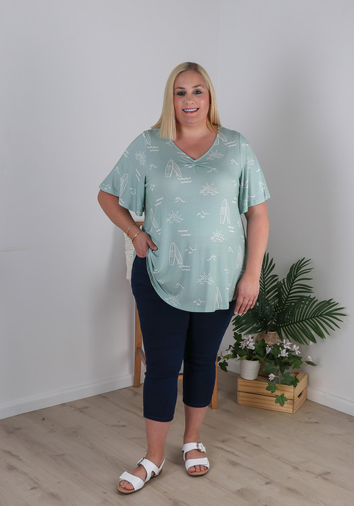 Plus Size V Neck Top In Sage Green Seaside Print