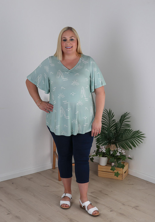 Plus Size V Neck Top In Sage Green Seaside Print