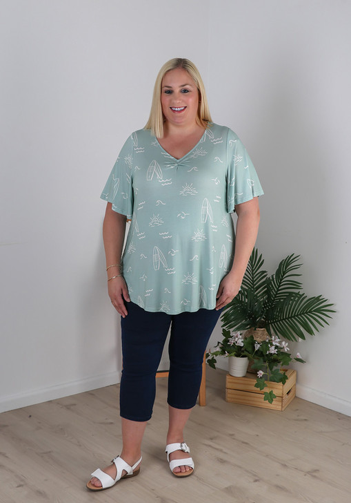 Plus Size Pinched V Neck Top In Sage Green Seaside Print