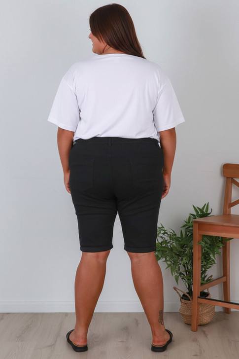 Plus Size Denim Folded Cuff Pull On Shorts in Black