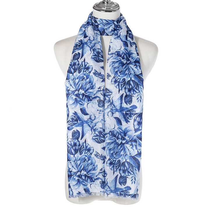  Blue Floral Birds and Butterfly Scarf