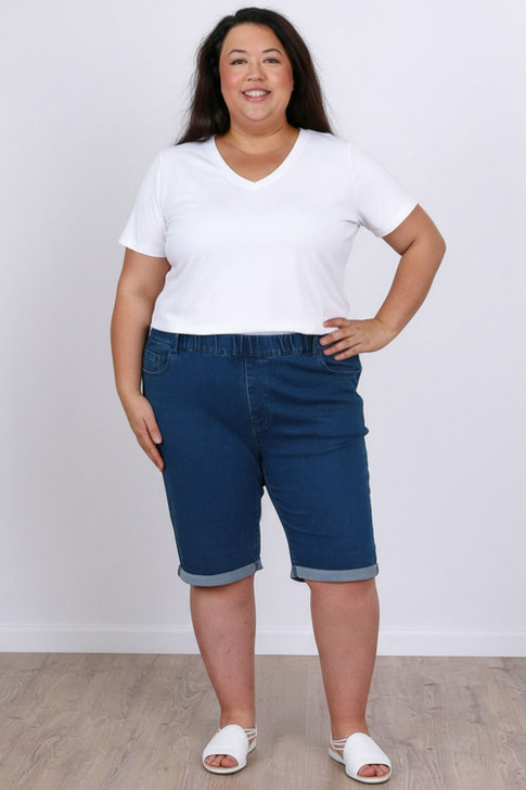 Denim Folded Cuff Pull On Shorts in Mid Blue