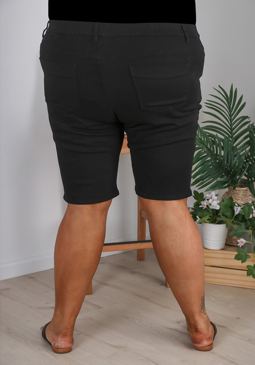 Plus Size Stretch Denim Pull On Shorts in Black