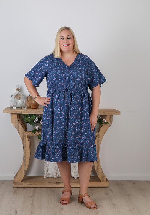 Short Sleeve Cotton Dress In Blue Floral