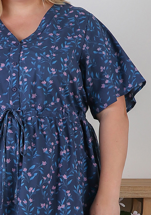 Plus Size Short Sleeve Cotton Dress In Blue Floral