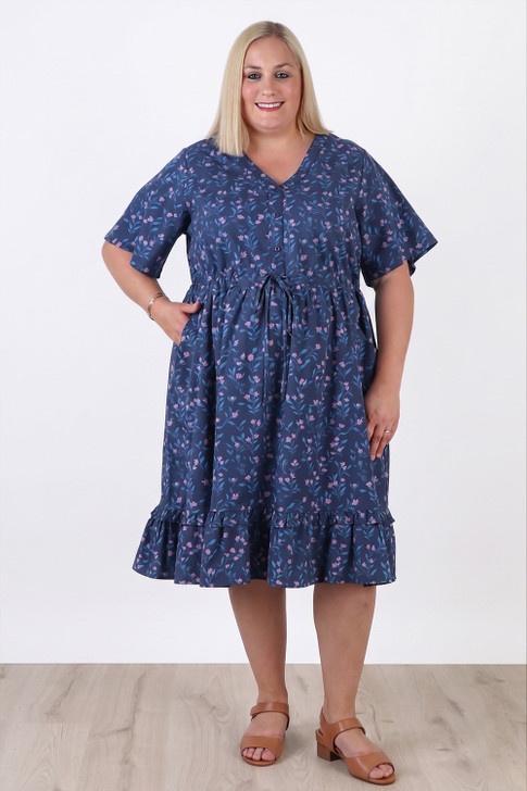 Short Sleeve Cotton Dress In Blue Floral