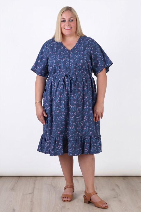 Plus Size Short Sleeve Cotton Dress In Blue Floral