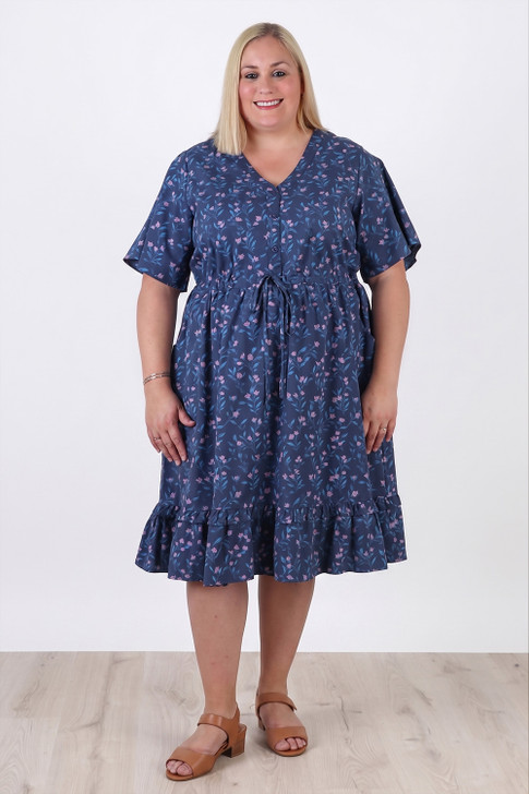 Plus Size Short Sleeve Cotton Dress In Blue Floral