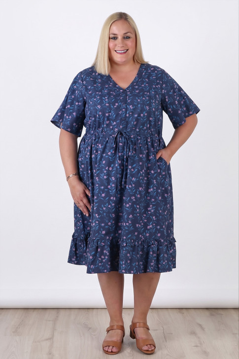 Plus Size Short Sleeve Cotton Dress In Blue Floral