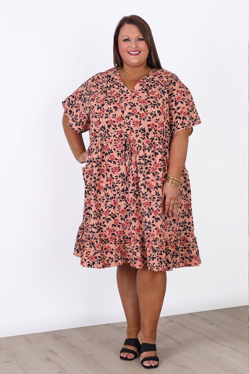 Plus Size Short Sleeve Cotton Dress In Peach Floral