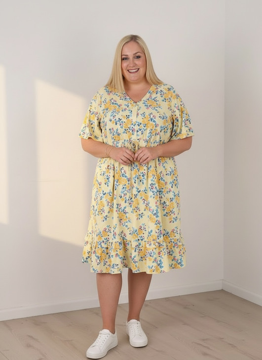 Short Sleeve Cotton Dress In Yellow Floral