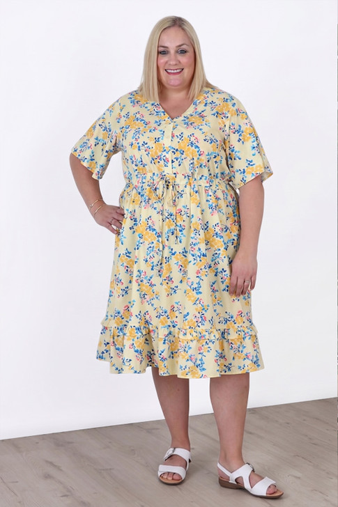 Plus Size Short Sleeve Cotton Dress In Yellow Floral