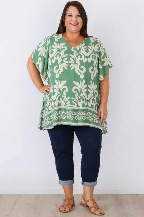 Green Floral V Neck Tunic