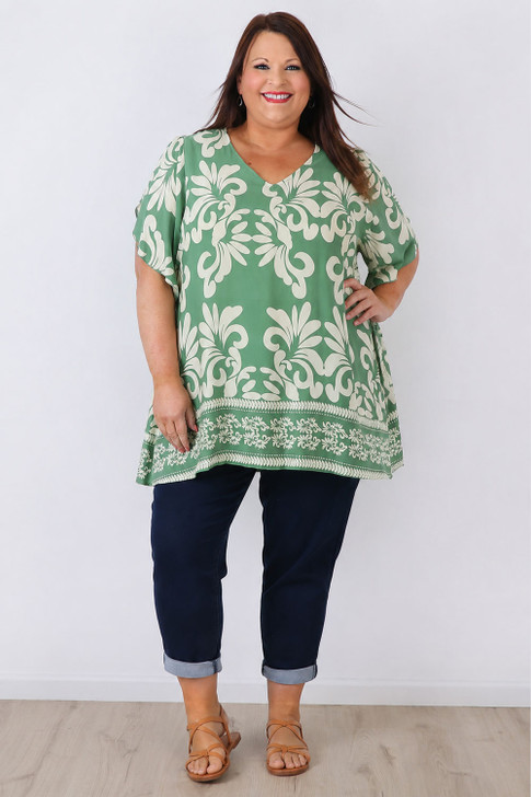 Green Floral V Neck Tunic