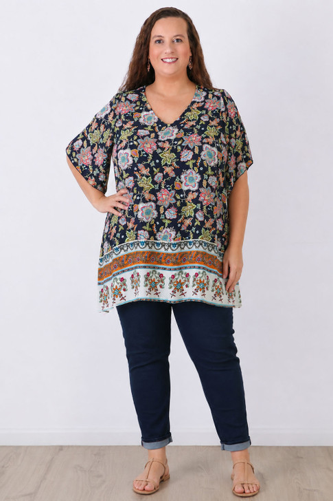 Navy Boho Floral V-Neck Tunic