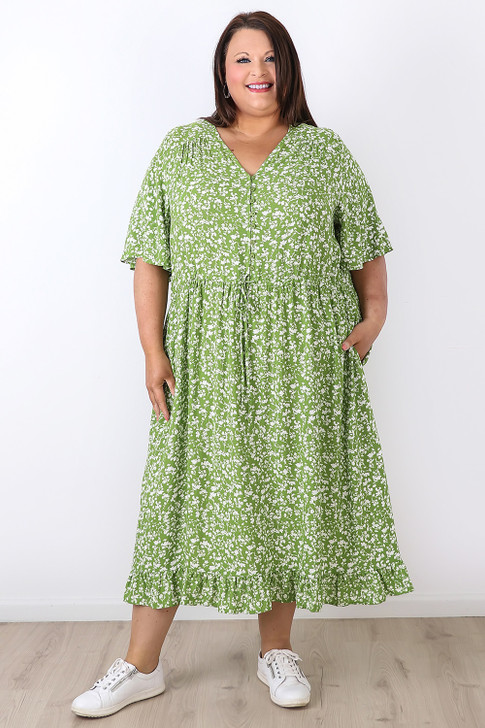 Meadow Green Flutter Sleeve Midi Dress