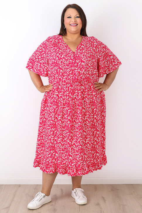 plus size magenta floral flutter sleeve dress 