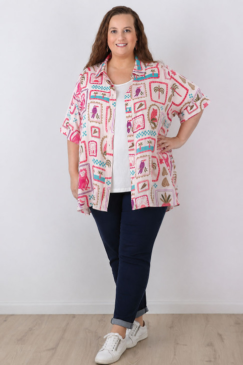 plus size pink monkey print shirt 
