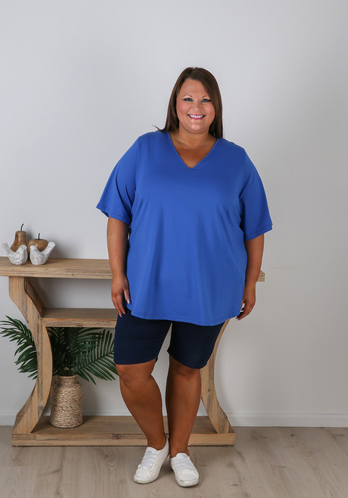 Plus Size V Neck Cotton Tee In Royal Blue