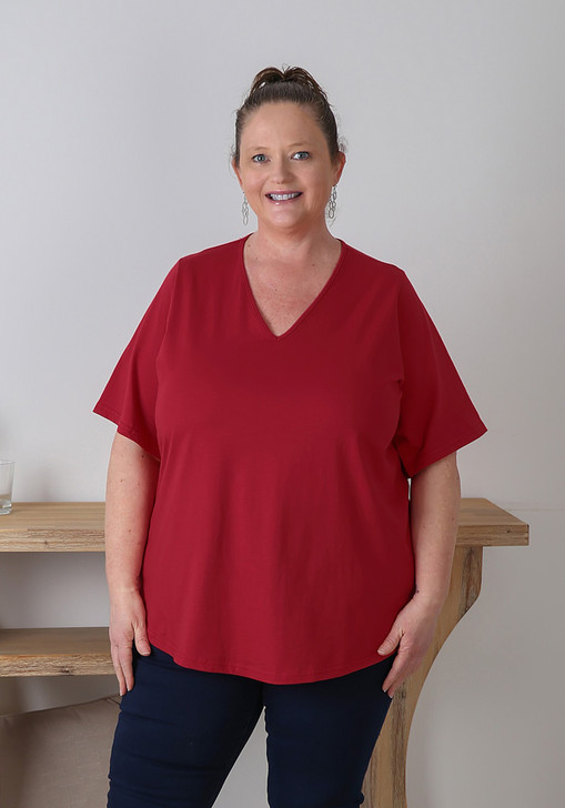 V Neck Cotton Tee In Red