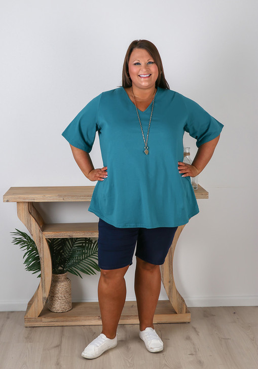 Plus Size V Neck Cotton Tee In Turquoise