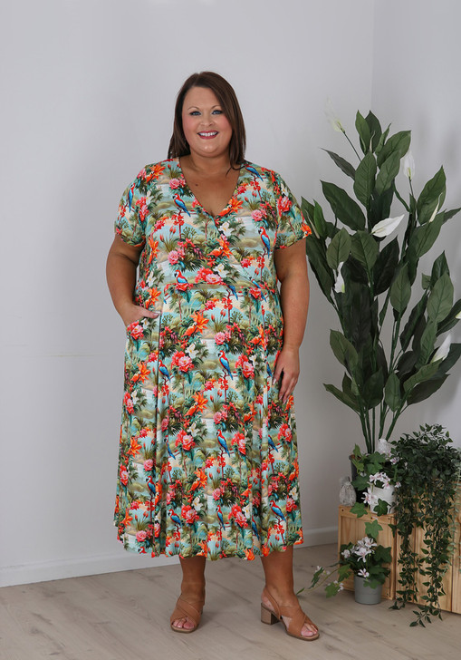 Plus Size Crossover Dress In Floral Jungle Print