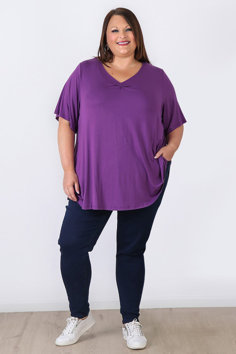 Plus Size Pinched V Neck Top In Purple in Sizes 18 to 32
