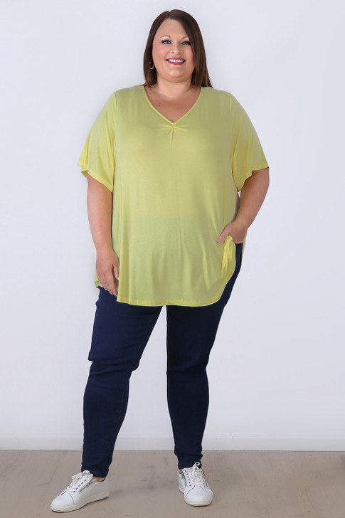Plus Size Pinched V Neck Top In Lemon by Curvaceous