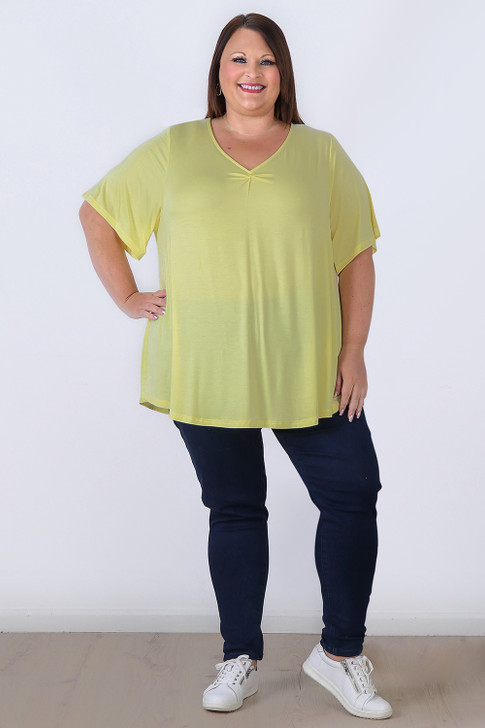 Plus Size Pinched V Neck Top In Lemon by Curvaceous