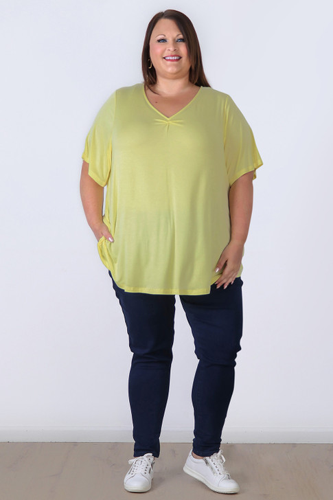 Plus Size Pinched V Neck Top In Lemon in Sizes 18 to 32 