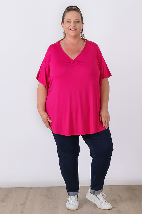 Plus Size Pinched V Neck Top In Pink