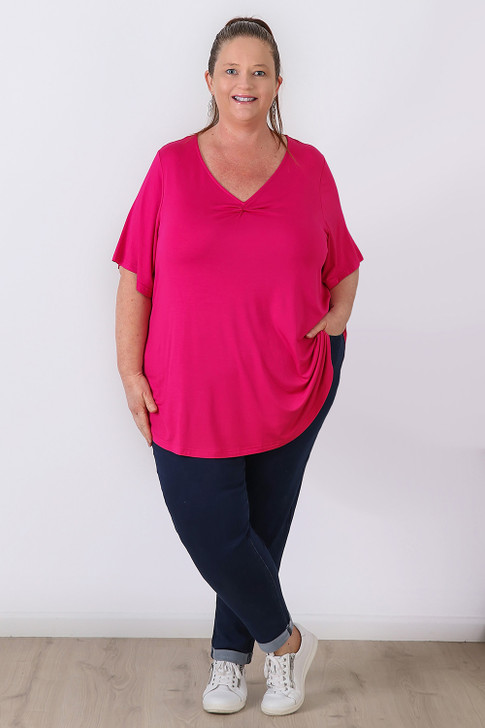 Plus Size Pinched V Neck Top In Pink