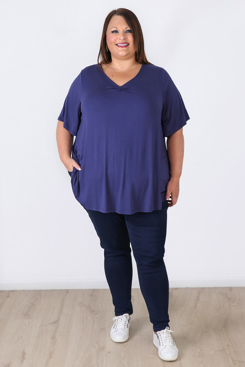 Plus Size Pinched V Neck Top In Navy