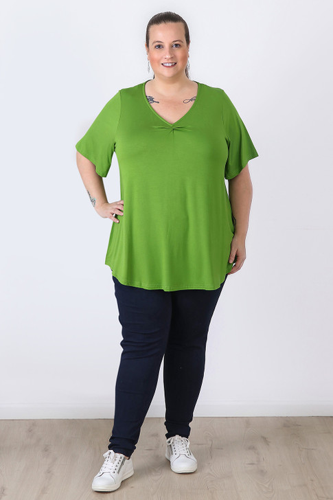 Plus Size Pinched V Neck Top In Avocado in Sizes 18 to 32