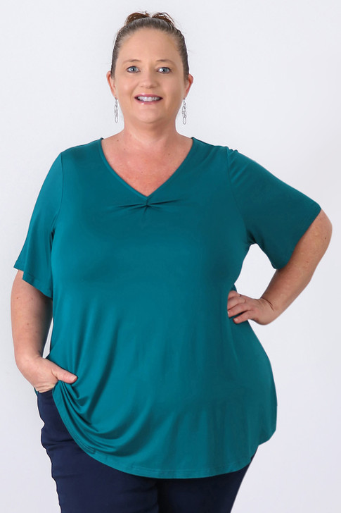 Pinched V Neck Top In Teal