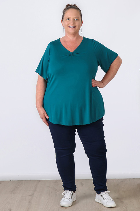 Plus Size Pinched V Neck Top In Turquoise in Sizes 18 to 32