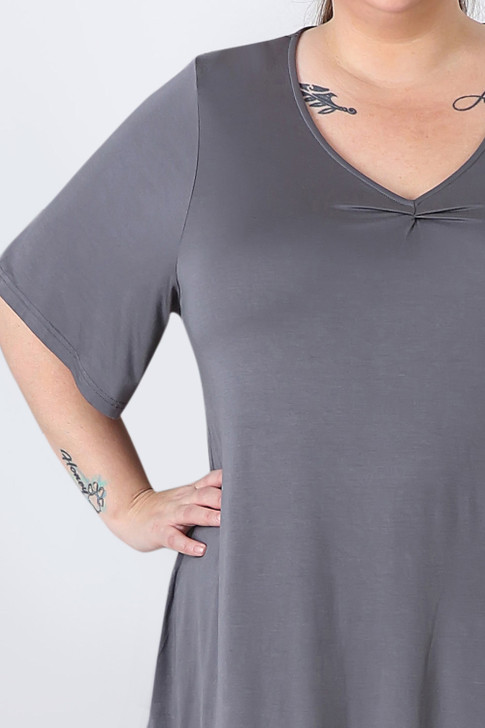 Plus Size Pinched V Neck Top In Grey