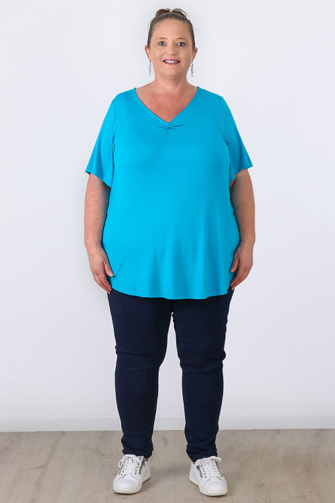 Plus Size Pinched V Neck Top In Aqua by Curvaceous